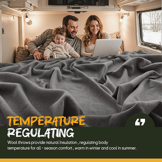 Merino Wool Blend Camping Blanket Ultra Warm, Moisture Wicking, Portable Outdoor Blanket for Camping, RV Trips, Adventures, Picnic, Bushcraft Survival Kits, Large 86"x62"