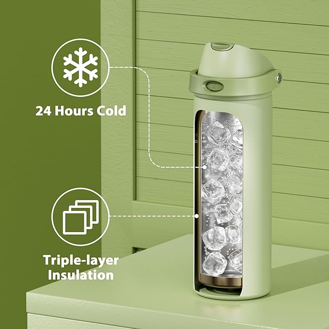 24 oz Insulated Water Bottle with Straw: Meoky Stainless Steel Metal Water Bottle with 2-in-1 Lid - Leak Proof, Cold for 24 Hours, Protective Silicone Base, BPA-Free for Sports Travel Car, Sage