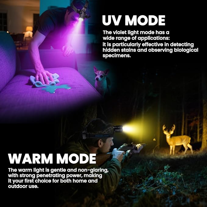 YNYS Rechargeable Headlamp with 4 Colors (White/Yellow/Blue/UV),Super Bright Headlights with Motion Sensor, 90° Adjustable, Zoomable, IPX7 Waterproof Led Head lamp for Fishing Hunting Camping Hiking