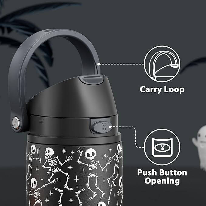 24 oz Halloween Insulated Water Bottle: Meoky Stainless Steel Water Bottle with 2-in-1 Straw Lid - Leak Proof, Cold for 24 Hours, Protective Silicone Base, Halloween Gifts for Women Men, Pop Skull