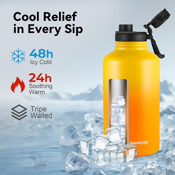 KXIAOCHEN Insulated Water Bottle, Stainless Steel Water Bottle, 2 Lids (Straw and Handle Lid),Wide Mouth Metal Water Bottles Keep Hot and Cold, Double Walled, Thermo Mug, Metal Canteen