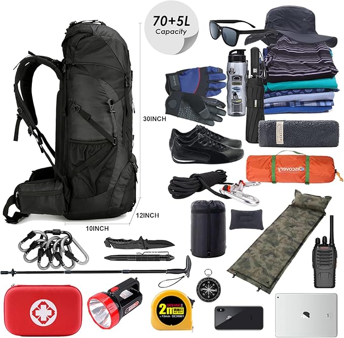 WintMing 75L Hiking Backpack with Rain Cover Waterproof Camping Backpack Shoes Warehouse for Men Women