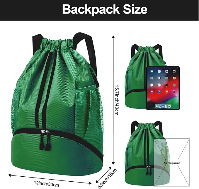 Hoedia Sports Drawstring Backpack - String Swim Gym Bag with Shoes Compartment and Wet Proof Pocket for Women and Men, Dark Green