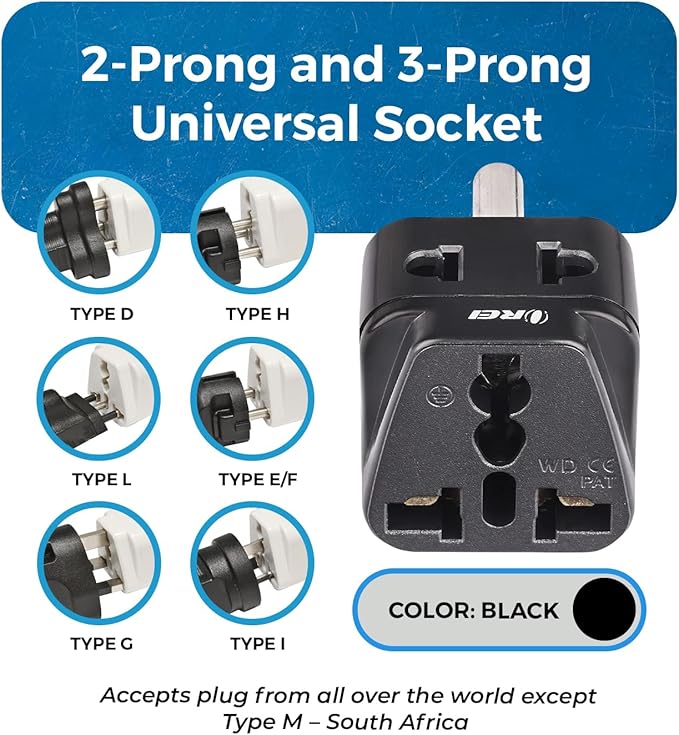 OREI US to India Plug Adapter- Type D Travel Adapter - 2 in 1 Travel Adapter for India, Nepal, Pakistan - CE Certified - RoHS Compliant - 300 Pack, Black