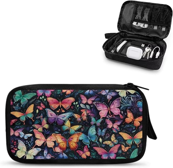 Colorful Butterfly Print Electronic Organizer Pouch Bag, Travel Cable Organizer Bag Multifunctional Case for Cable, Cord, Charger, Hard Drive, Earphone