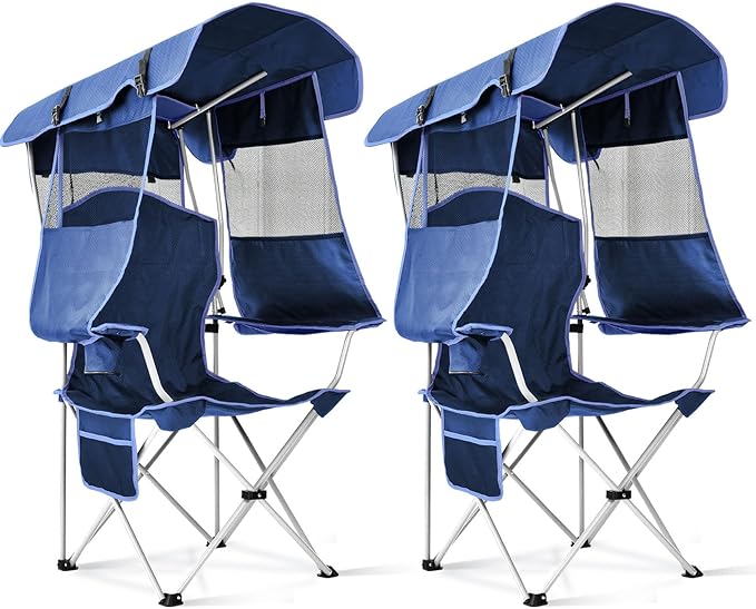 Beach Chair with Canopy Shade, Folding Camping Chair with Canopy with Cup Holder, Side Pocket for Camp, Beach, Tailgates, Fishing - Support 330 LBS
