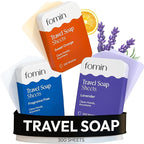 FOMIN - Antibacterial Paper Soap Sheets Tin for Traveling - (300 Sheets) Variety Pack (Unscented, Orange, Lavender) Portable Travel Hand Soap Sheet, Dissolvable Mini Camping Hand Soap for Hand Washing
