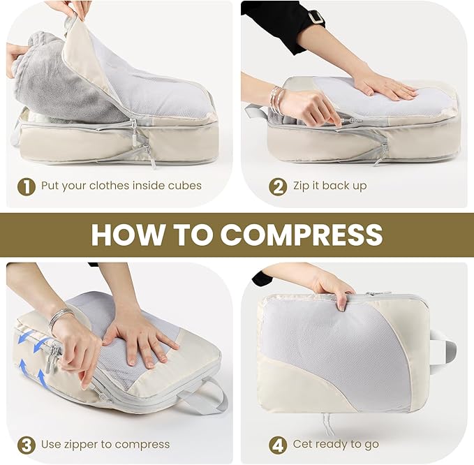 10 Set Compression Packing Cubes, Lightweight Travel Essentials, Stretchable Expandable Storage Bags, Compression Bags for Travel Accessories Luggage Storage Set (10 Pcs, Beige)