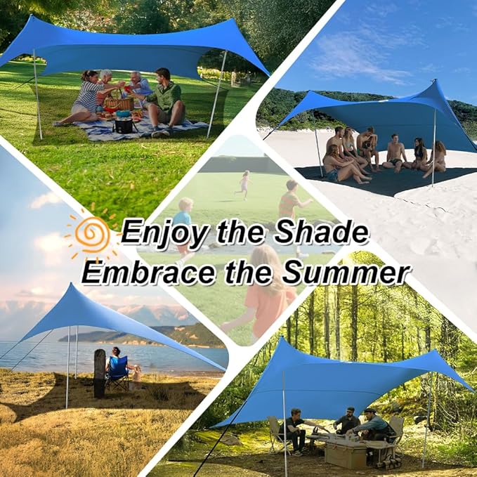 10×10ft UPF50+ Beach Tent Sun Shelter, Windproof Stable Outdoor Pop Up Beach Shade Canopy for Camping, Fishing, Backyard Fun or Picnics, 2 Poles