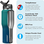 HYDROWION 40 oz Insulated Water Bottle with Straw fit in Car Cup Holder(Cold 48 hrs, Hot 24 hrs) Drinking Bottle with Straw Lid, Spout Lid and Flex Cap Leakproof Travel Thermo Mug，Green - Blue