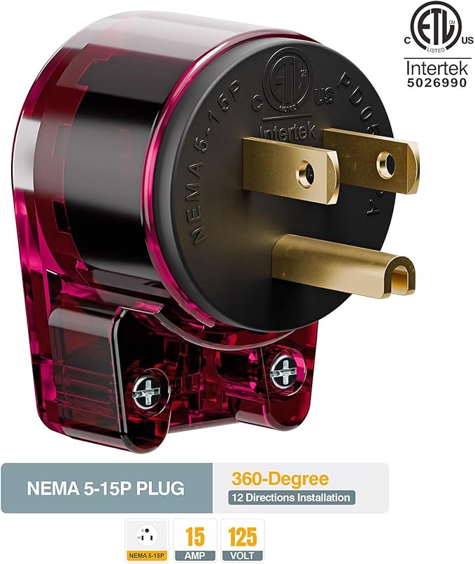(3PACK) ETL Listed 90 Degree USA Canada Male Plug Nema 5-15P 3 Pole Angle DIY Plug, 15A 125V USA 3Pin Right Angle, Nema 5-15P Angled Rewireable,Red Color