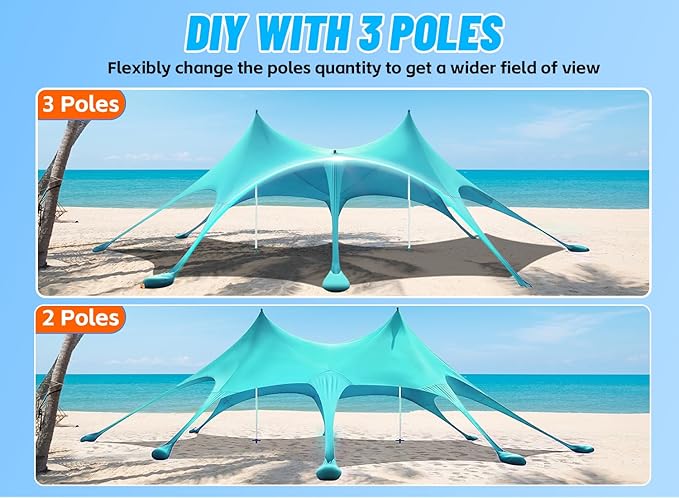 Beach Tent Sun Shelter & Portable Beach Canopy UPF50+ Uv Protection, Beach Shade Canopy/Cabana with 8 Sandbags, 4 Stability Poles, Sand Shovel Ground Pegs for Outdoor Camping