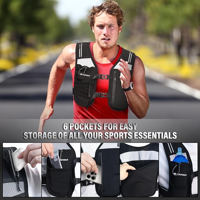 PORTHOLIC Running Vest for Women Men with 17oz Water Bottle |Adjustable Hydration Vest|Reflective |Lightweight |6 Pockets |Breathablefor Running Accessories for Hiking