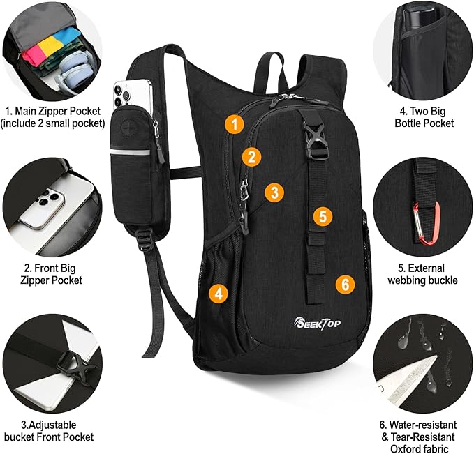Seektop 15L Small Hiking Backpack for Women Men, Lightweight Hiking Packable Daypack with Phone Pocket for Travel Camping (Black, 15L)