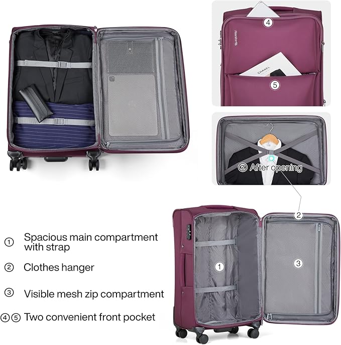 Hanke 28 Inch Luggage Softside Expandable Suitcases with Spinner Wheels, Travel Checked Luggage for Women Men(Purple)
