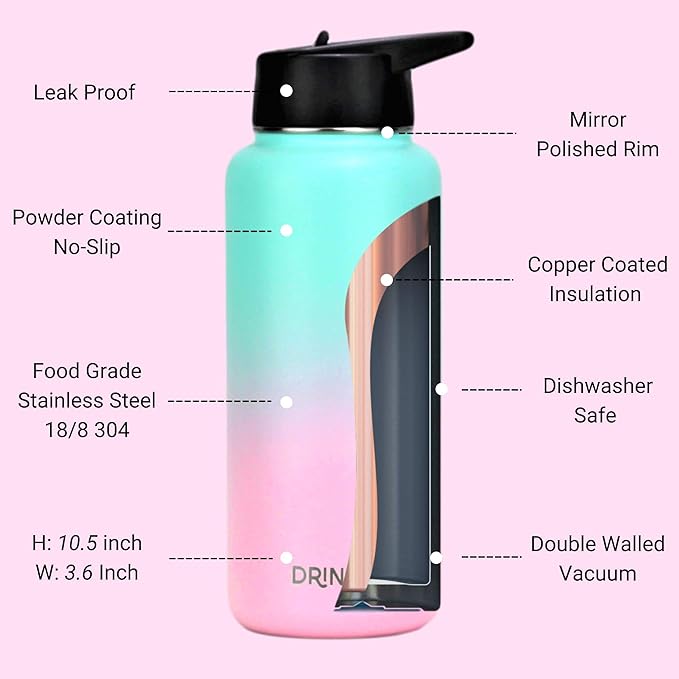 DRINCO Stainless Steel Water Bottle Spout Lid Vacuum Insulated Double Wall Water Bottle Wide Mouth (40oz 32oz 22oz 18oz 14oz) Leak Proof Keeps Cold or Hot (32 oz, 32oz Macaron)