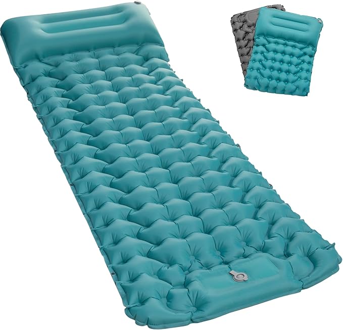 Inflating Sleeping Pad Mattress for Camping: Inflatable Camping Bed with Built-in Foot Pump for Tent - 4" Extra Thick Mat Air Cot for Floor - Blue