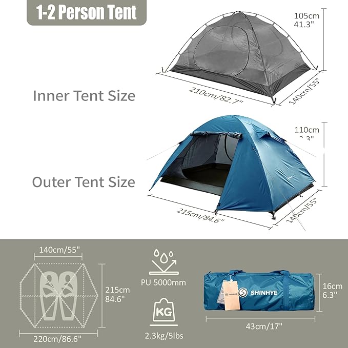 Backpacking Tent for Camping 2/3/4 Person Hiking Ultralight Tent for Waterproof Windproof Outdoor Tents Easy Setup Two Doors Double Layer Lightweight Instant Tents