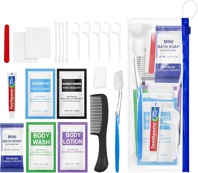 10 Set Personal Hygiene Kit Bulk,12-IN-1 Individually Wrapped Blue Basic Toiletry Supplies Disposable Travel Toothbrushes and Hotel Vanity Set for Homeless,Guests,Charity