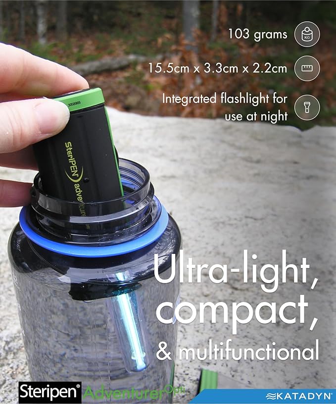 SteriPen Adventurer Opti UV Personal Water Purifier for Camping, Backpacking, Emergency Preparedness and Travel Black/Green Small