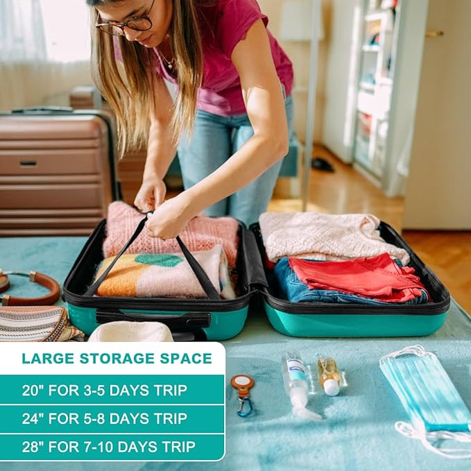 Kono 28 Inch Luggage Expandable Suitcase Lightweight with Spinner Wheels TSA Lock Hardside Large Checked Luggage Durable Rolling Suitcase Turquoise