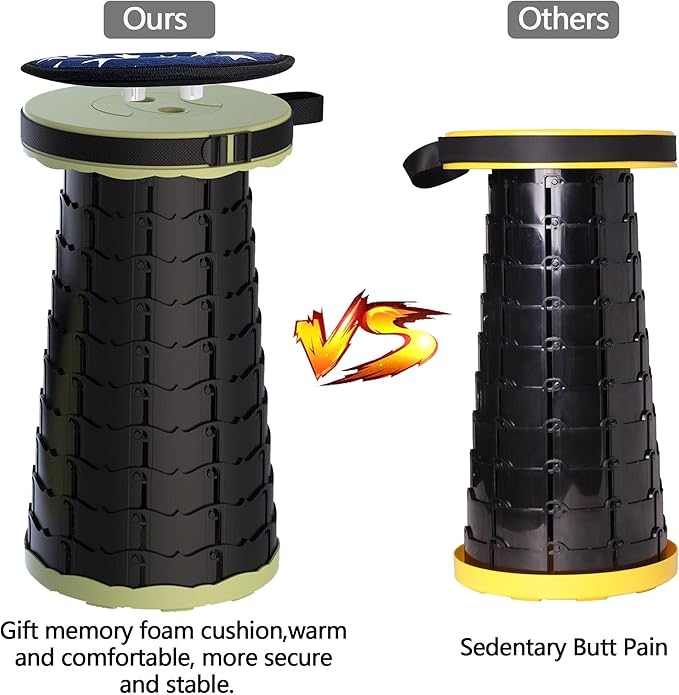 ALEVMOOM Upgraded Collapsible Stool with Cushion & Carry Bag, 500lbs Max Weight Portable Telescoping Stool, More Sturdy Lightweight Retractable Seat Folding Chair for Camping & Outdoors