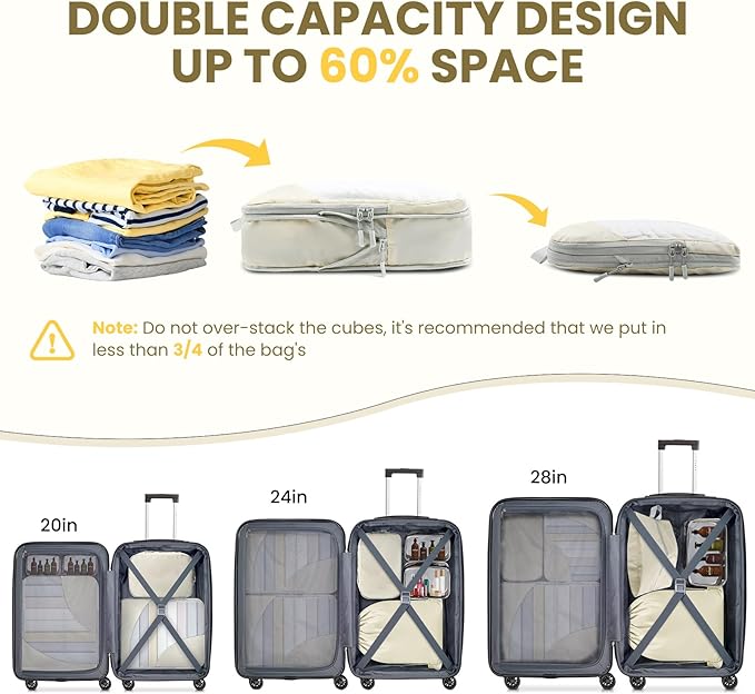 10 Set Compression Packing Cubes, Lightweight Travel Essentials, Stretchable Expandable Storage Bags, Compression Bags for Travel Accessories Luggage Storage Set (10 Pcs, Beige)