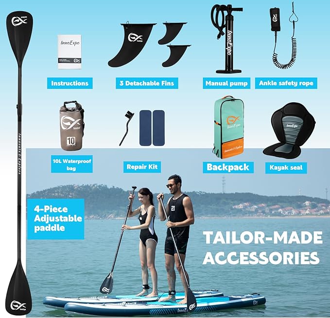 InnoExpo Inflatable Stand Up Paddle Boards with Premium Accessories, Wide Stable SUP Paddle Board Design, Non-Slip Comfort Deck for Youth & Adults