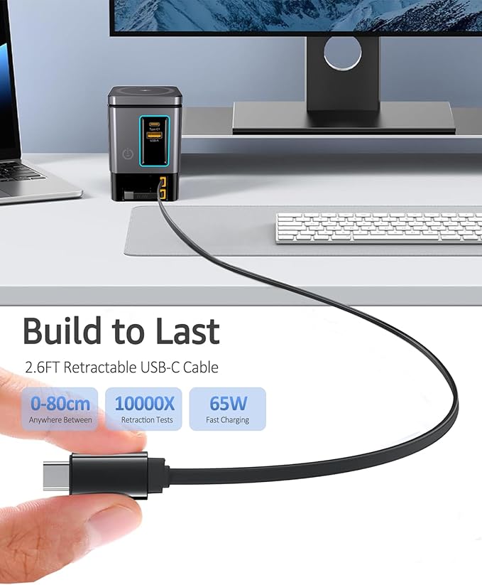 Retractable Charger with Wall Plug, 105W GaN 6-in-1 Charging Station with Magnetic Pad – MagSafe Compatible USB-C/Type-C Fast Charging Charger for iPhone, AirPods, MacBook