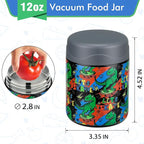 12oz Soup Thermo for Hot Food Kids Insulated Food Jar Wide Mouth Lunch Container Leak Proof Stainless Steel Vacuum Bento Box for School Office Travel Outdoors Black-Dinosaur