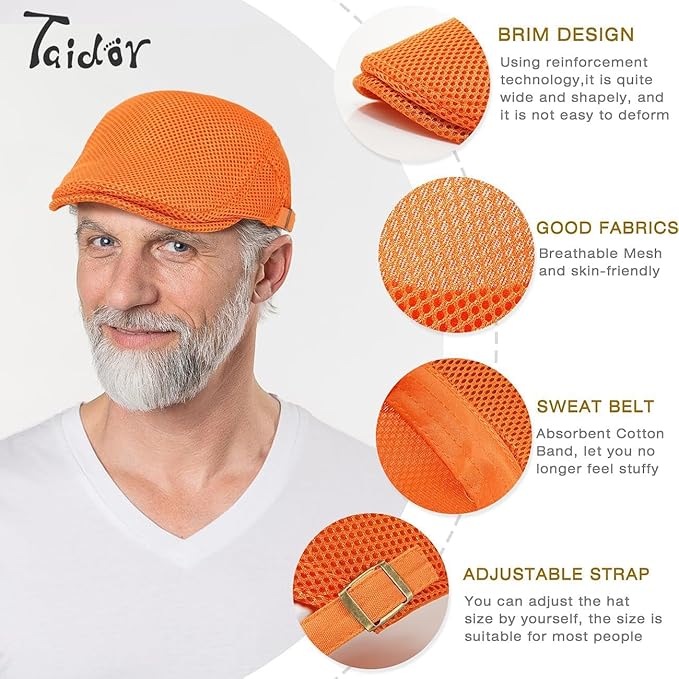 2 Pack Men's Mesh Cap Breathable Summer Newsboy Hat Adjustable Beret Ivy Cap Irish Cabbie Driving Hunting Hats