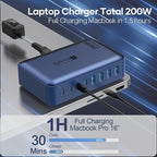 8-Port iPhone Charger Fast Charging 200W with Flat Plug, Braided Power Cord, and On/Off Switch- USB Charging Hub for iPhone, iPad, MacBook and More- 65W C Port Power Adapter for Laptops