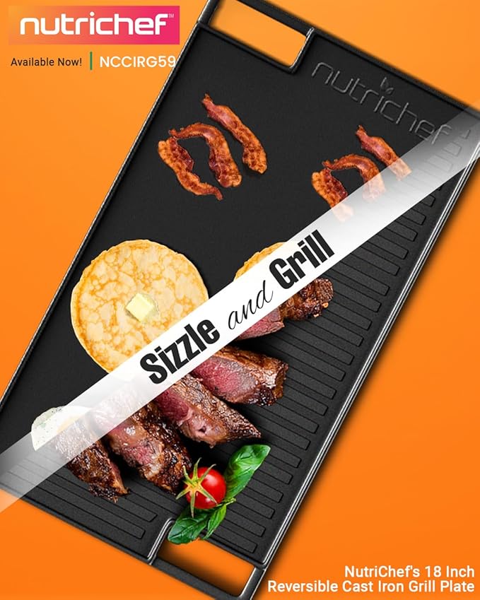 NutriChef Cast Iron Reversible Grill Plate – 18 Inch Flat & Ridged Skillet Griddle Pan, Fits Two Burners, for Gas, Electric, Ceramic Stovetops, with Silicone Oven Mitt