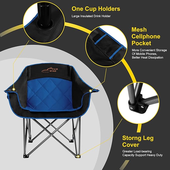 FAIR WIND 2 Pack Oversized Padded Camping Chair Heavy Duty Quad Fold Arm Chair Portable for Outdoor - Support 450LBS, Blue