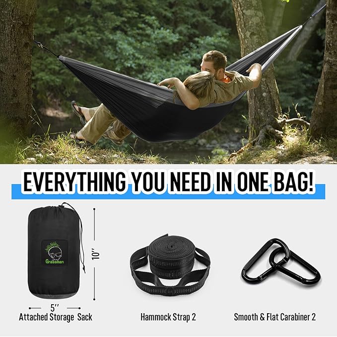Grassman Camping Hammock Double & Single Portable Hammock with Tree Straps, Lightweight Nylon Parachute Hammocks Camping Accessories Gear for Indoor Outdoor Backpacking, Travel, Hiking, Beach
