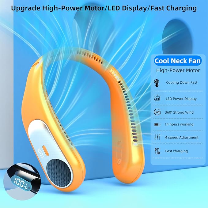 Portable Neck Fan,Personal Wearable Bladeless Fan,LED Display,4-Speeds,6000mAh USB Rechargeable,360° Strong Cooling Wind,Hands Free,Long Lasting,Birthday Gifts for Men Women Dad Mom (Orange)