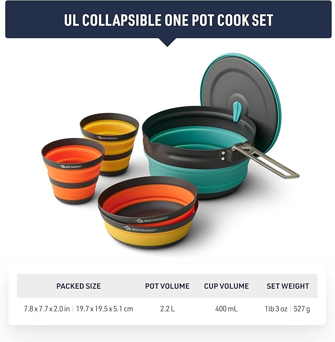Sea to Summit Frontier Ultralight Collapsible One Pot Cook Set, 2-Person (1 Pot, 2 Bowls, 2 Cups)