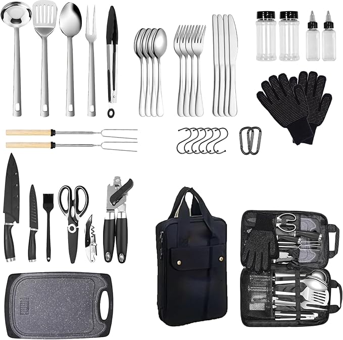 Camping Kitchen Utensil Set Outdoor Cooking Set Accessories Camping Cookware Kit for Travel, RVs, BBQs Stainless Steel Portable Camping Essentials Cooking Knife Set