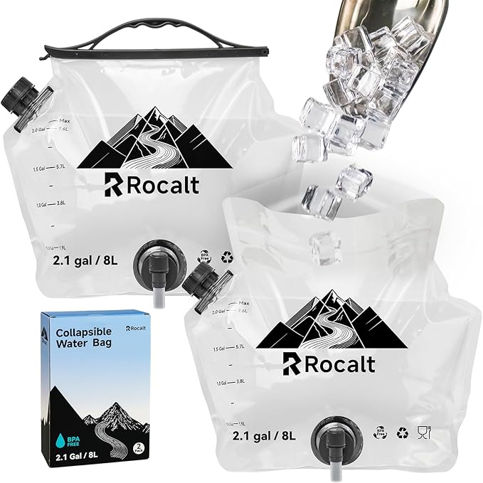 Rocalt 2 Pack Collapsible Water Bag, 2.1Gallon Water Storage Bag, BPA Free Emergency Drinking Camping Water Container for Hiking, Travel, Survival & Outdoor