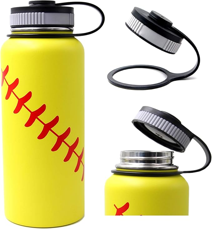 32 oz Softball Water Bottle, Wide Mouth Sports Flask Metal Travel Mug with 2 Lids, Stainless Steel Double Wall Vacuum Insulated Water Bottles, Softball Accessories Stuff Gifts for Mom Men Boys Girls