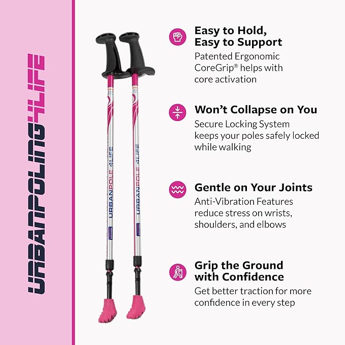 Urban Poling - Urban Poles 4Life - Lightweight, Aluminum Nordic Walking Sticks - Pink & Silver - 1 Pair – for Users 4'2"–6'2" - Collapsible & Adjustable Hiking Gear