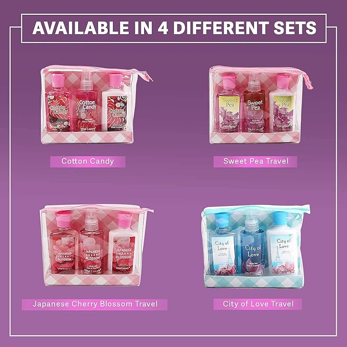 Bath and Body Gift Set, Cotton Candy Scented, 3-Piece Travel Size Collection, Shower Gel, Body Lotion, Body Mist, 3 Fl Oz Each (Cotton Candy)