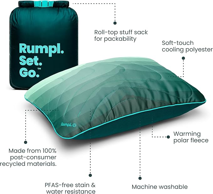 Rumpl The Adjustable Camp Pillow - Full Size Packable Outdoor and Travel Pillow, Two-Sided Temperature Control, 22" x 15", Cascade Fade