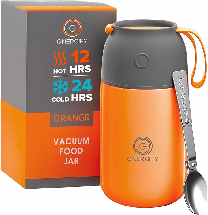 ENERGIFY Vacuum Insulated Food Jar. Large 24oz Bowl incl. Folding Spoon, Cup. Wide Mouth Keep Hot & Cold Drinks Soup Lunch Container for Adults. BPA-Free Stainless Steel, Leak Proof Orange