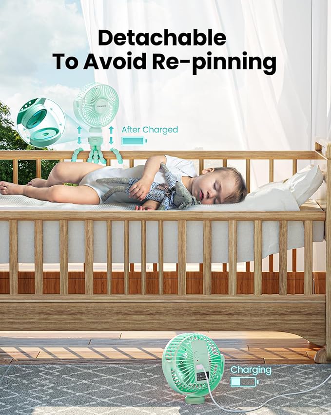 Gaiatop Mini Portable Stroller Fan, Battery Operated Small Clip on, Detachable 3 Speed Rechargeable, 360° Rotate Flexible Tripod Better Cooling for Car Seat Crib Treadmill Travel Green