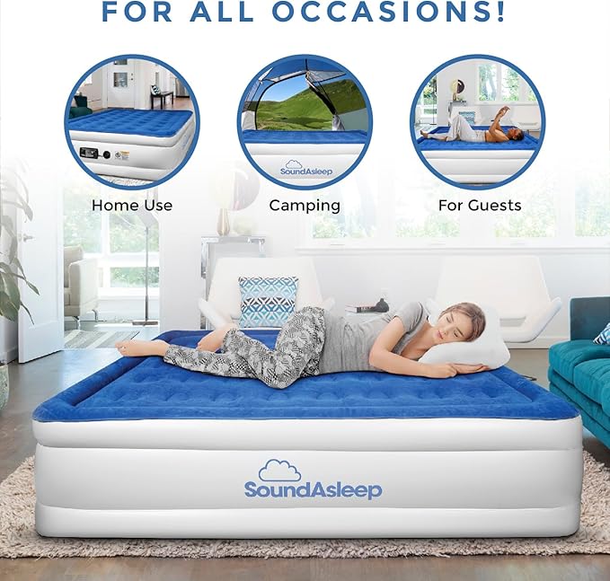 SoundAsleep Products Dream Series Luxury Air Mattress, ComfortCoil Technology, Built-in High Capacity Pump for Home, Camping- Double Height, Adjustable, Inflatable Blow Up, Portable (Queen Size)