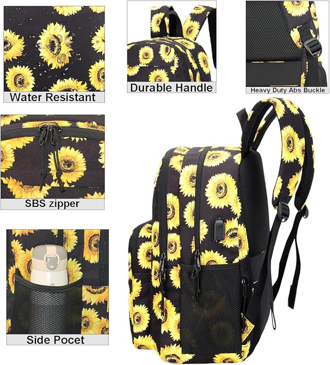 KEOFID Classic Travel backpack for Men and Women, Anti Theft Laptop Backpack with USB Charging Port for Work, Large Bag for College, Water Resistent(Sunflower)