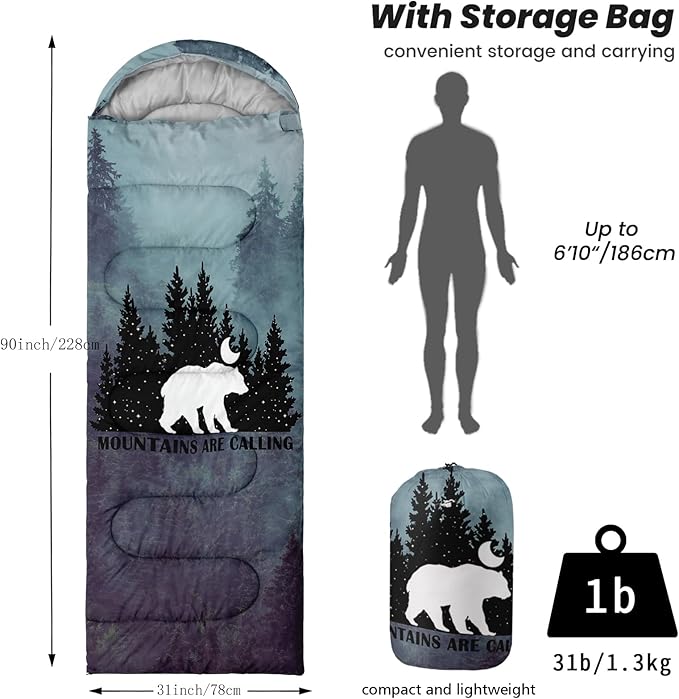 Sleeping Bags for Adults Youth Kids,3D Printing Camping Sleeping Bag for Girls Boys Lightweight Waterproof Cold/Warm Weather Sleeping Bag for 3 Seasons
