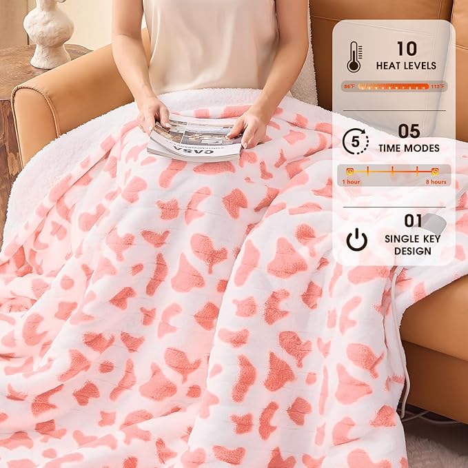 Cow Print Electric Heated Blanket Queen Size,84X90 Pink Heating Blanket Queen with Dual Control&Timer&10 Heat Levels,Cute Cow Decor Sherpa Blankets Warmer Gifts for Bed Women Adults,ETL