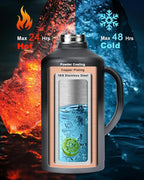 128 oz Insulated Water Bottle with Straw and Lid, One Gallon Stainless Steel Cup with Handle,Leakproof Metal Travel Jug Flask Mug Tumbler Cup With Carry Pouch and Brush,Keep Cold & Hot,Grey